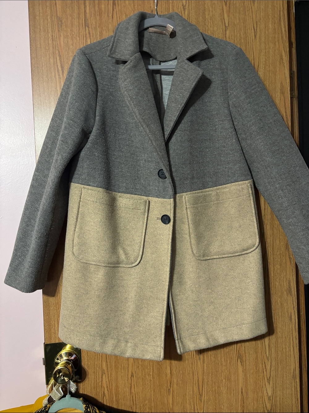 Two-Tone Gray and Beige Wool-Blend Pea Coat